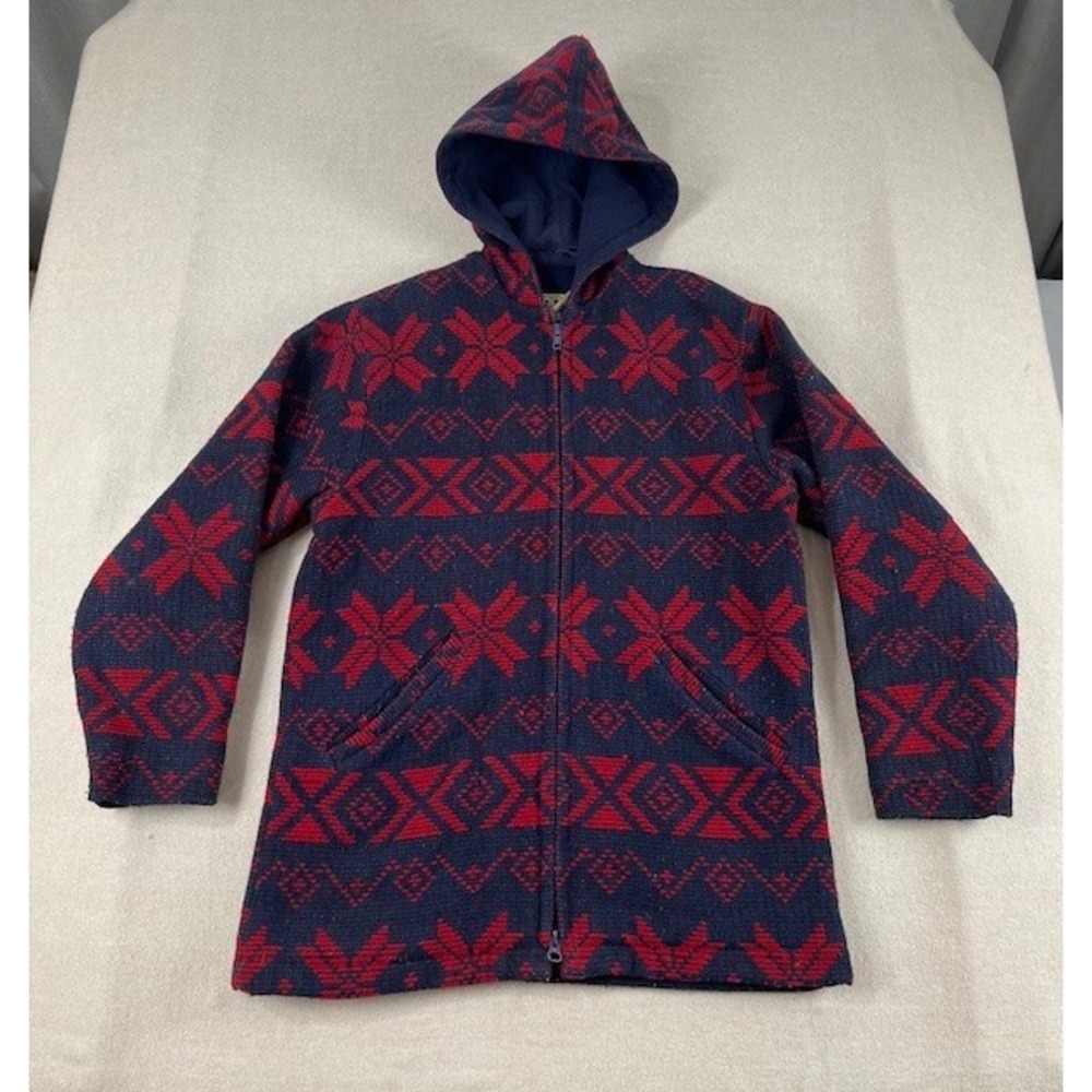 Vintage 80's LL Bean Full Hooded Jacket Fair Isle Wool Nylon Medium Red Full Zip